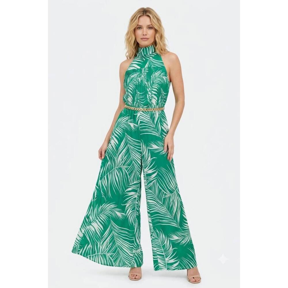 NEW CHICWAYS tropical palm pleated halter jumpsuit in green